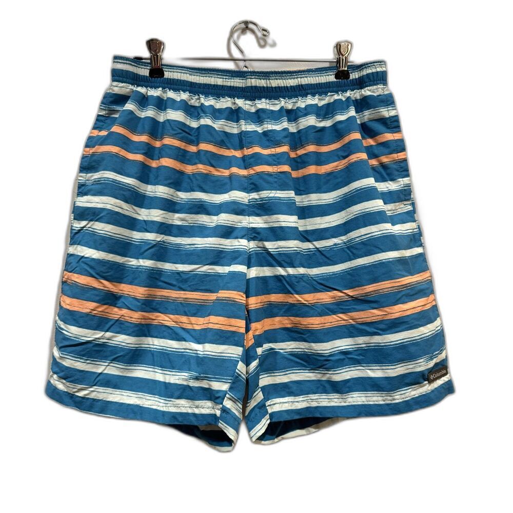 Columbia Swim Trunks Striped Blue Orange Mesh Lined Drawstring Men sz Large